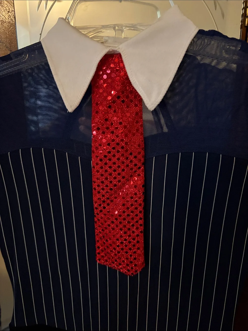 Navy Pinstripe Jumpsuit White Collar & Red Sequin Tie Dance Costume-Child Large